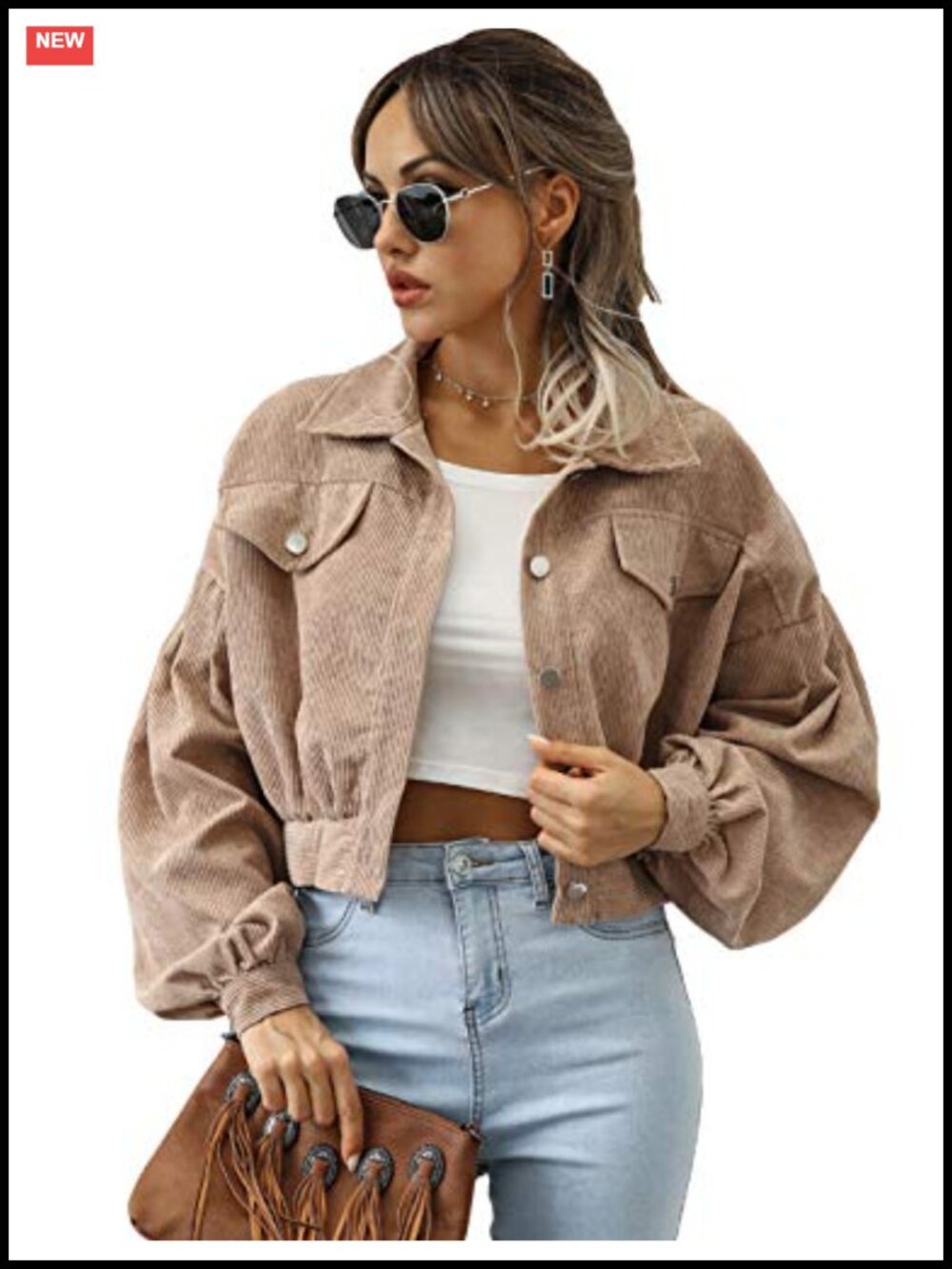 Cropped Corduroy Jacket Loose Button Down Puff Sleeve Shacket Coat